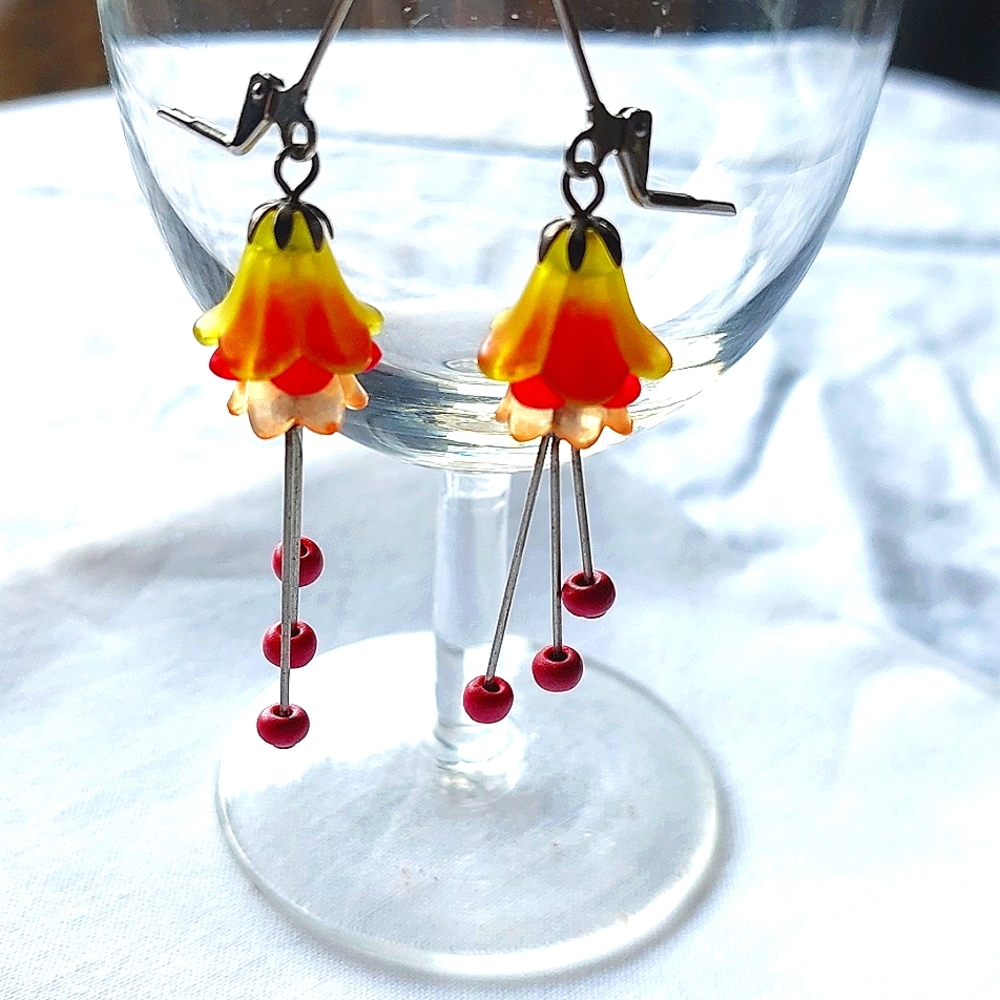 Handcrafted Silver Flower Bell Lever Back Dangle Earrings